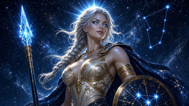 Bellatrix, silver-haired, in gold-chased armor and a cloak of night sky, a spear of blue light raised and a shield traced with constellations at her side; a constellation burns in the stars behind her.