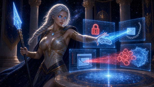 Bellatrix in a columned hall under a night sky, spear in one hand, the other raised to panes of light showing a lock, a sealed letter, a chain, and threads of red and blue; a round table of stars glows before her.