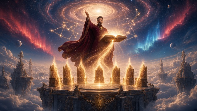 Cassian risen above a ring of golden thrones on a stone dais in the clouds, his crimson cloak streaming, one hand raised to a spiral galaxy and the open book in the other pouring light; constellations drawn in gold around him, red and blue auroras, two moons, spires rising from the cloud, and a shield bearing a tower on the face of the dais.