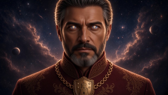 Cassian, grey at the temples, bearded, eyes lit like white stars, in a high-collared crimson coat worked with gold and a gold chain bearing a shield with a tower and three stars; a dark sky with two moons and ember clouds behind him.