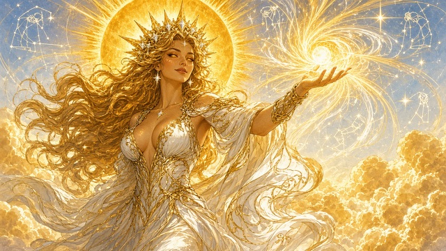 Solara standing among gold clouds under a full sun, in white and gold, one arm stretched out with a spiral of white light turning above her open hand; constellations traced in white across a pale blue sky.