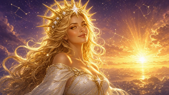 Solara close, smiling, in a crown of gold sun-rays set with white stars, her gold hair lifting in the wind; the sun rising over a sea of clouds to the right, constellations drawn in gold across the violet sky above.
