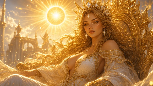 Solara reclining on an ornate gold throne in full sunlight, looking out at the viewer, in white and gold with star earrings and a star-set crown; gold spires and a palace of light behind her under a blazing sun.