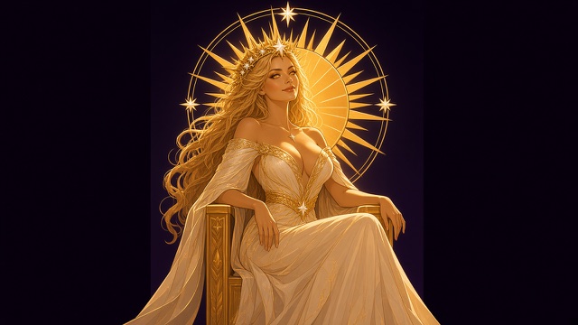 Solara seated on a tall gold throne, in a white gown edged with gold, her hair falling past her shoulders; behind her a great gold sun disc ringed with rays and set with white stars, against a deep violet dark.