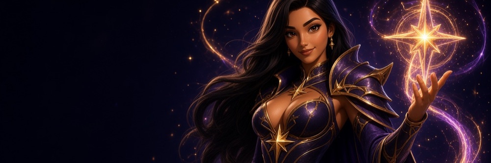A wide banner: Vespera at the right in violet and gold armor, long dark hair streaming, one hand raised beneath a gold star of light; the left two-thirds a deep violet night with drifting gold sparks.