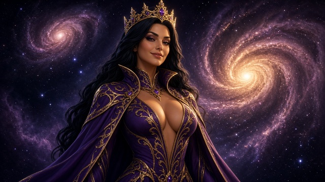 Vespera crowned in gold and amethyst, black hair falling past her shoulders, in a high-collared violet gown and cloak worked with gold vines, open at the front; two spiral galaxies turn in the violet dark behind her.