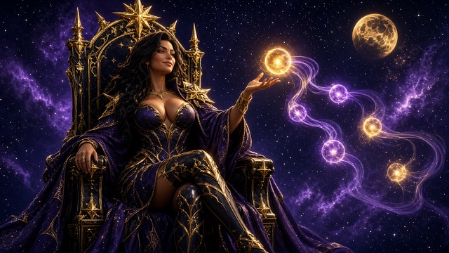 Vespera on a gold-spired throne under a violet nebula, a gold moon above; from her raised hand a line of glowing gold and violet orbs curls out into the dark.