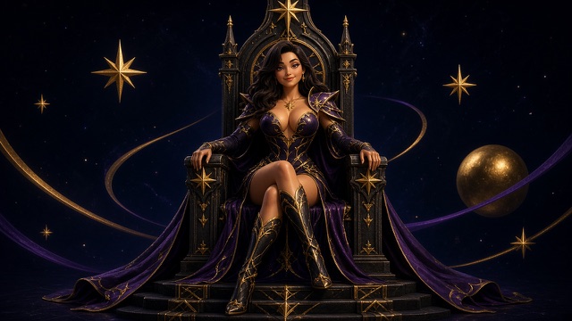 Vespera seated on a black throne worked with gold stars, in violet and gold, a cloak spilling down the steps; gold stars and a gold moon hang in a dark blue sky behind her.