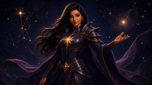 Vespera standing in a starfield, a gold star on her breastplate, her cloak lifting in the wind, one hand open toward a distant gold light; the lines of a constellation drawn in gold to her left.