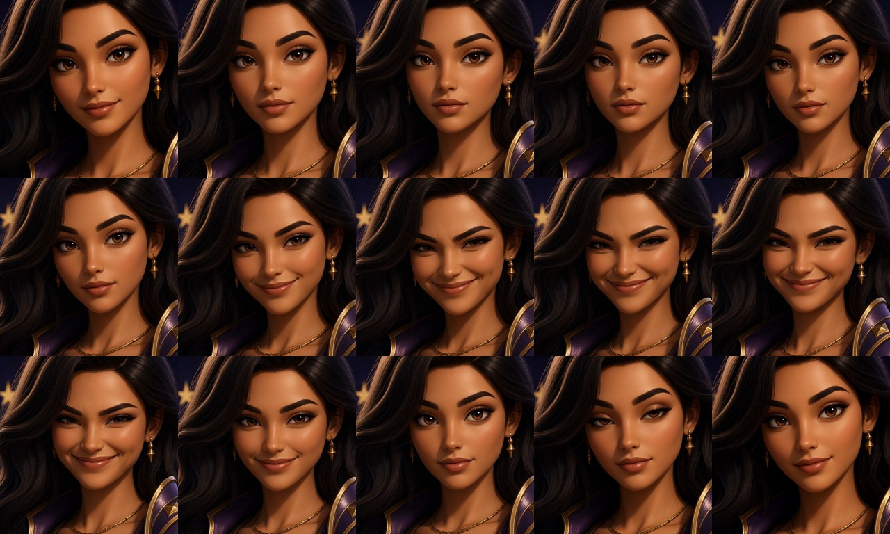 Contact sheet of Vespera's Command clip: fifteen frames, one per second, from a soft smile through a lowered-lid smirk and back